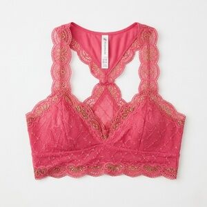 NWOT Free People Intimately Coral Lace Racerback Bralette – Gold Accents, Size S